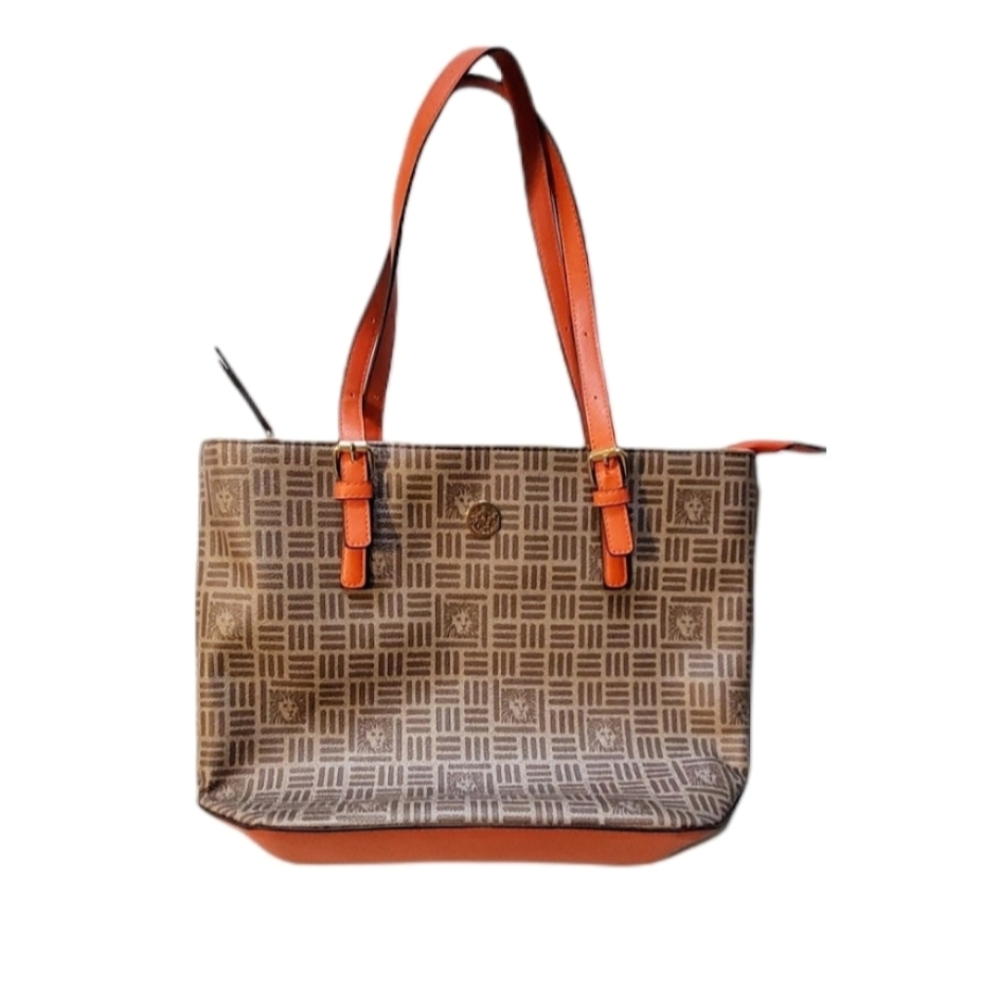 Ann Klein 2 tone Tan logo bag with Orange accents.